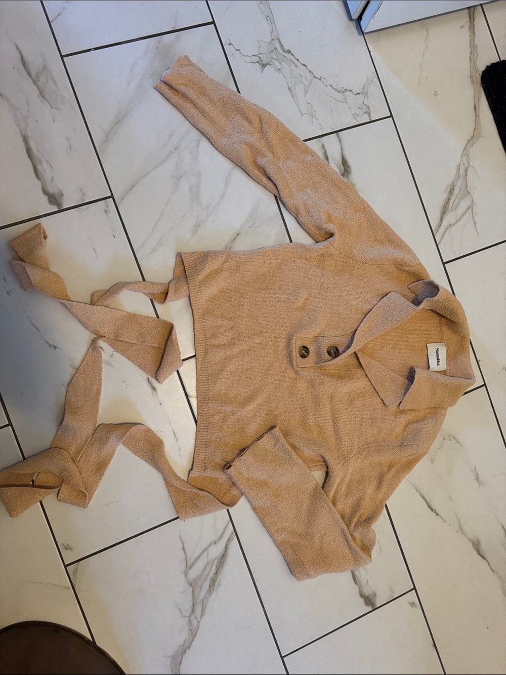 Cozy tan Knit Button Collar Sweater with Wrap Tie